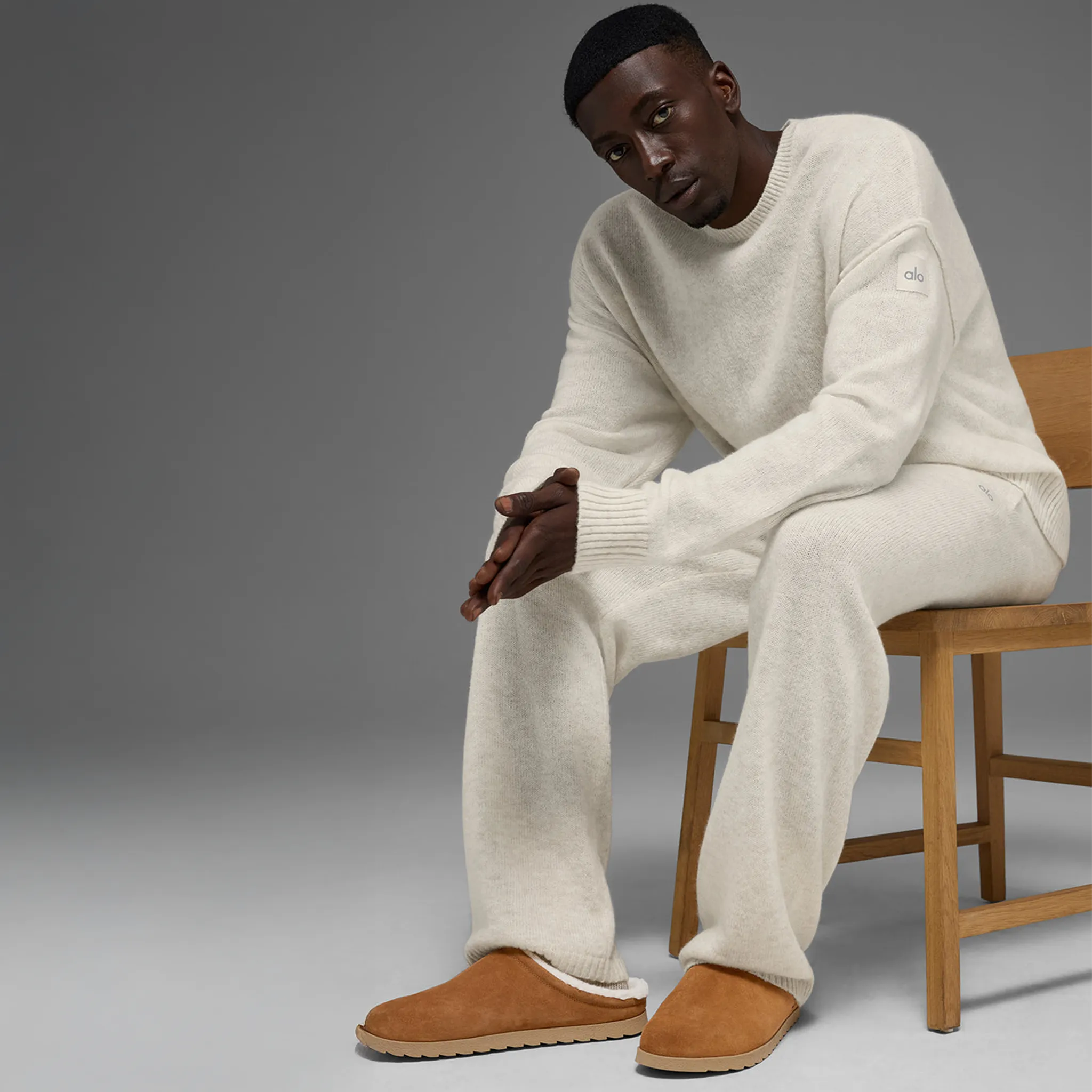 Model View of Alo Yoga Wool Cashmere New Class Bone Heather Crewneck